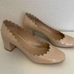 Chloe Lauren Scalloped Block Nude Leather Pumps - Size 38 1/2